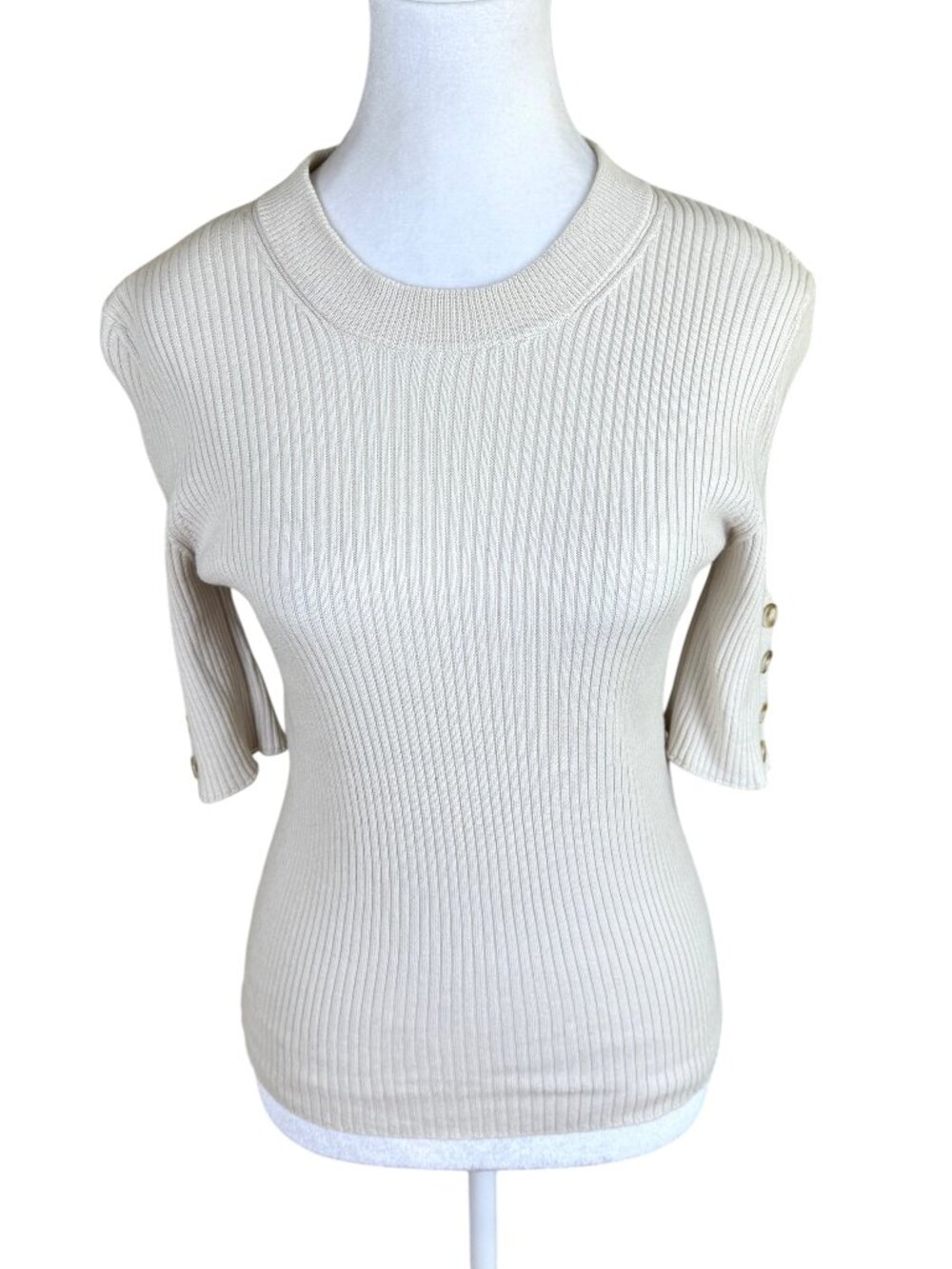 Sezane Yael Sweater Top Ribbed Button Sleeve Cotton Wool Beige (S)